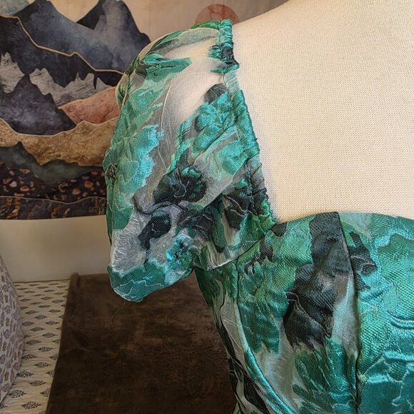 Lulus Luxe Direction Teal Green Floral Jacquard Puff Sleeve Mini Dress XL NWT - Picture 11 of 16